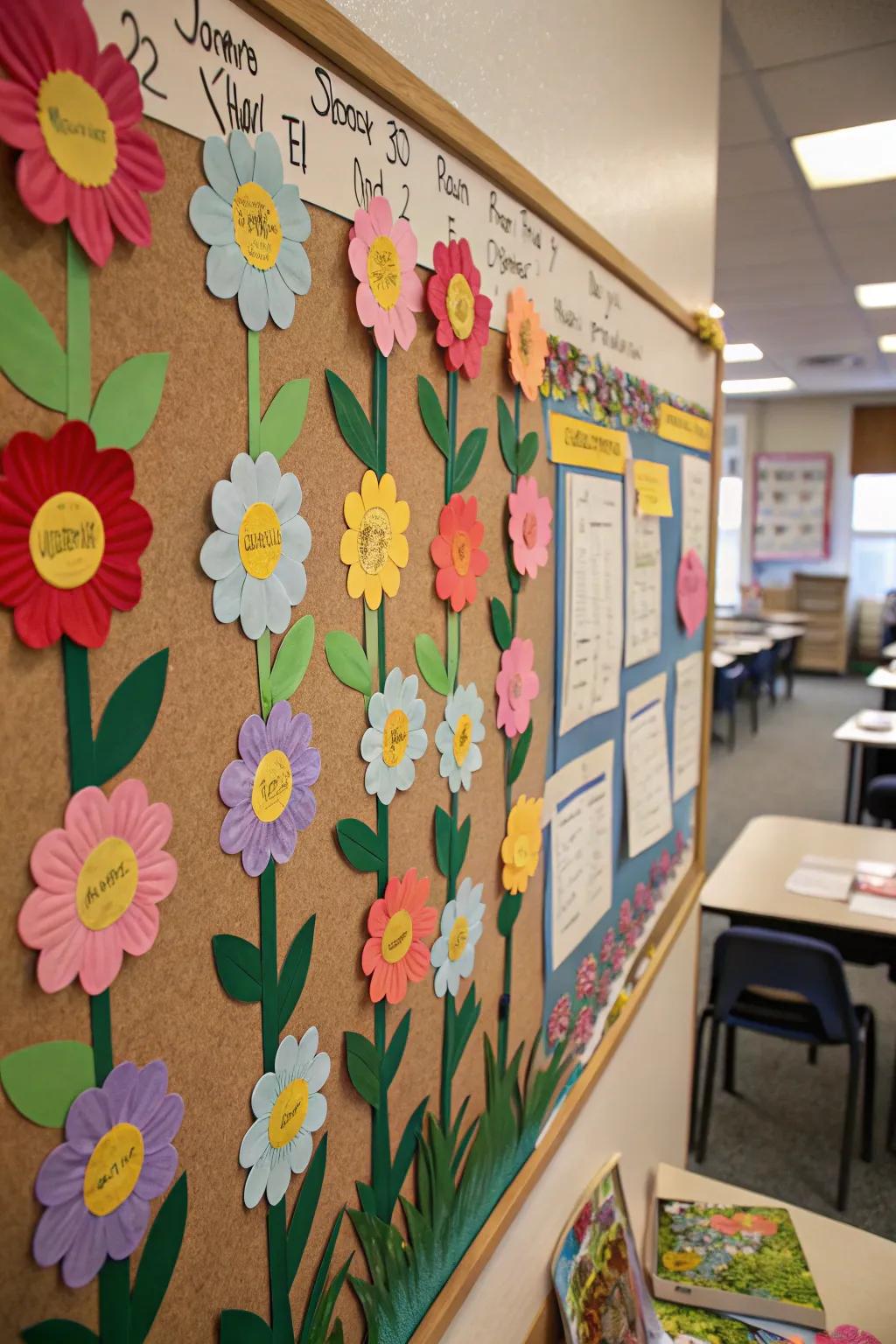 A Friendship Garden bulletin board featuring paper blossoms.