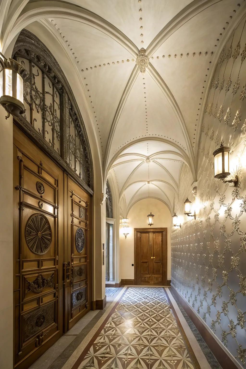 Entryway with vaulted ceiling and metallic accent wall