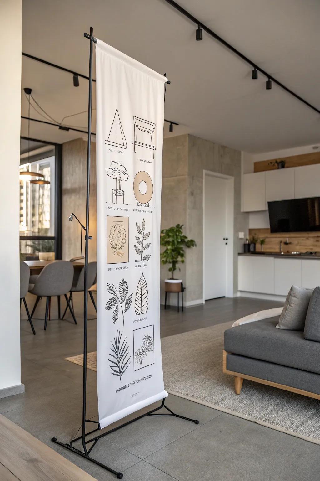 A contemporary space is complemented by minimalist line art on a vertical banner.
