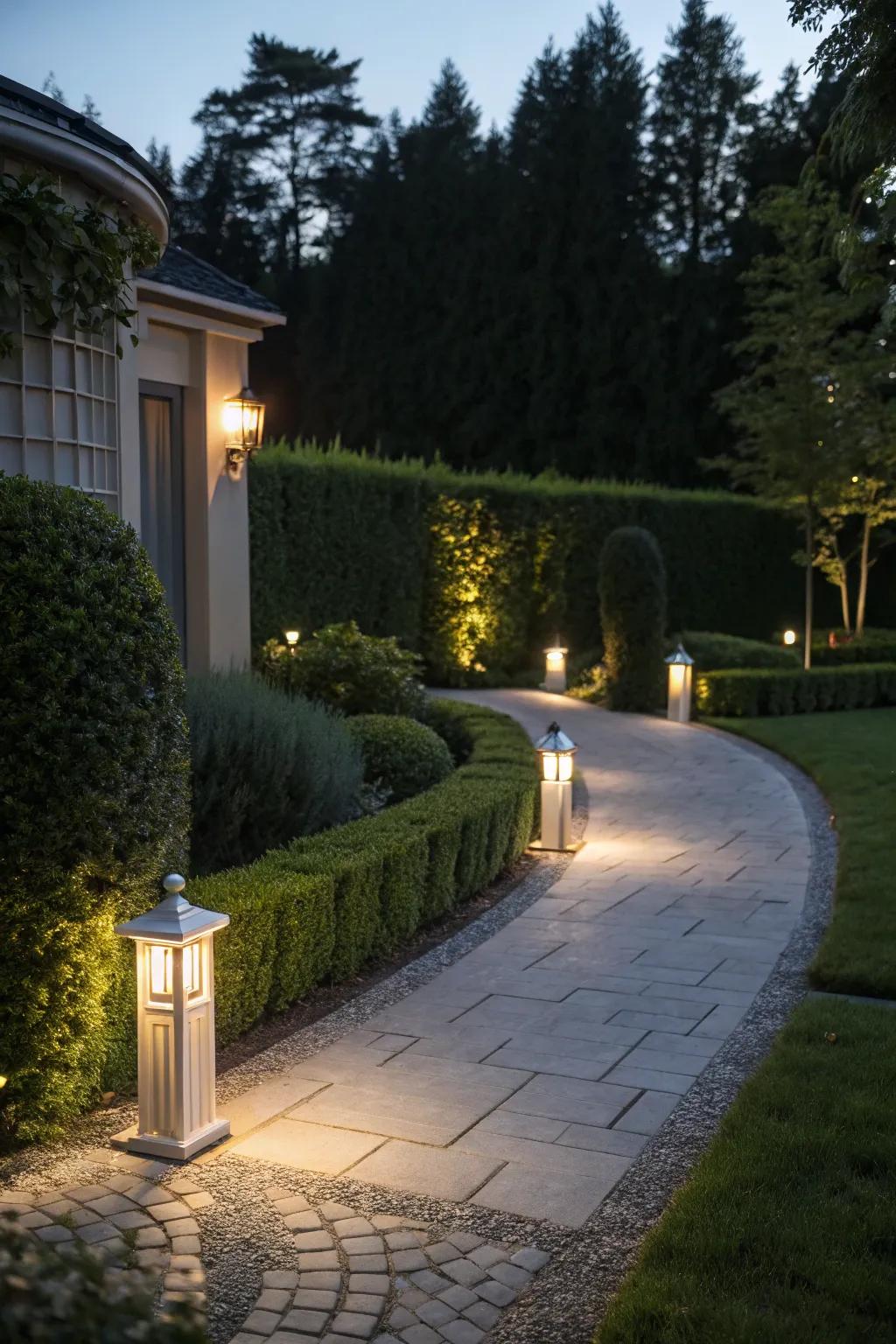 Lighting enhances safety and adds ambiance to the driveway.