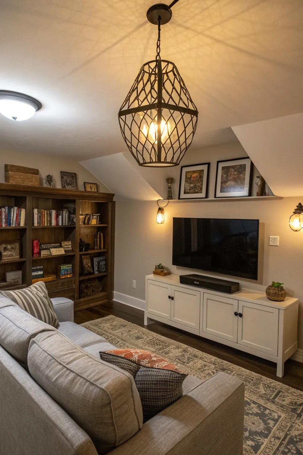 A striking light fixture creates a focal point and adds style