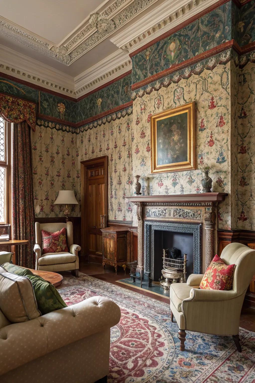 Ornamental wallpaper transforms walls into a canvas of Victorian artistry.