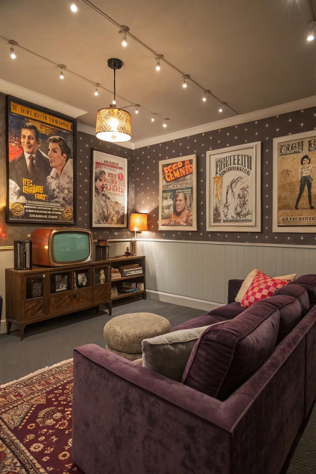 Vintage movie posters add an artistic touch to the media room.