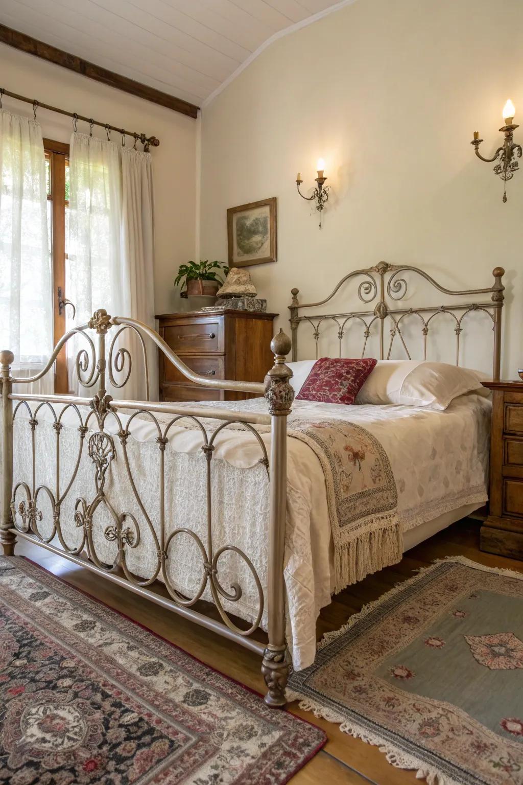 A retro steel bed frame creating a charming bedroom ambiance.
