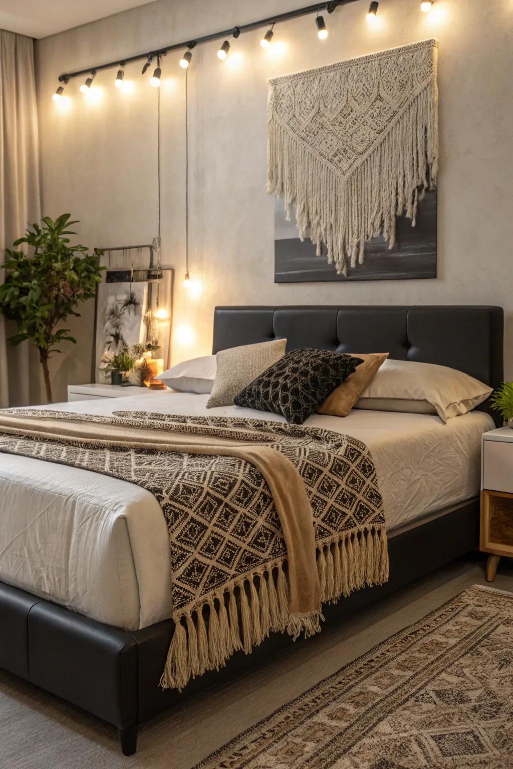 Hangings introduce color and texture, adding artistic flair.