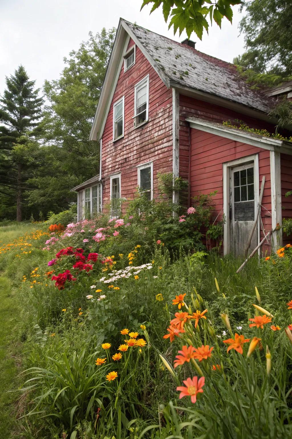 Weathered crimson cladding evokes vintage charm and nostalgia.