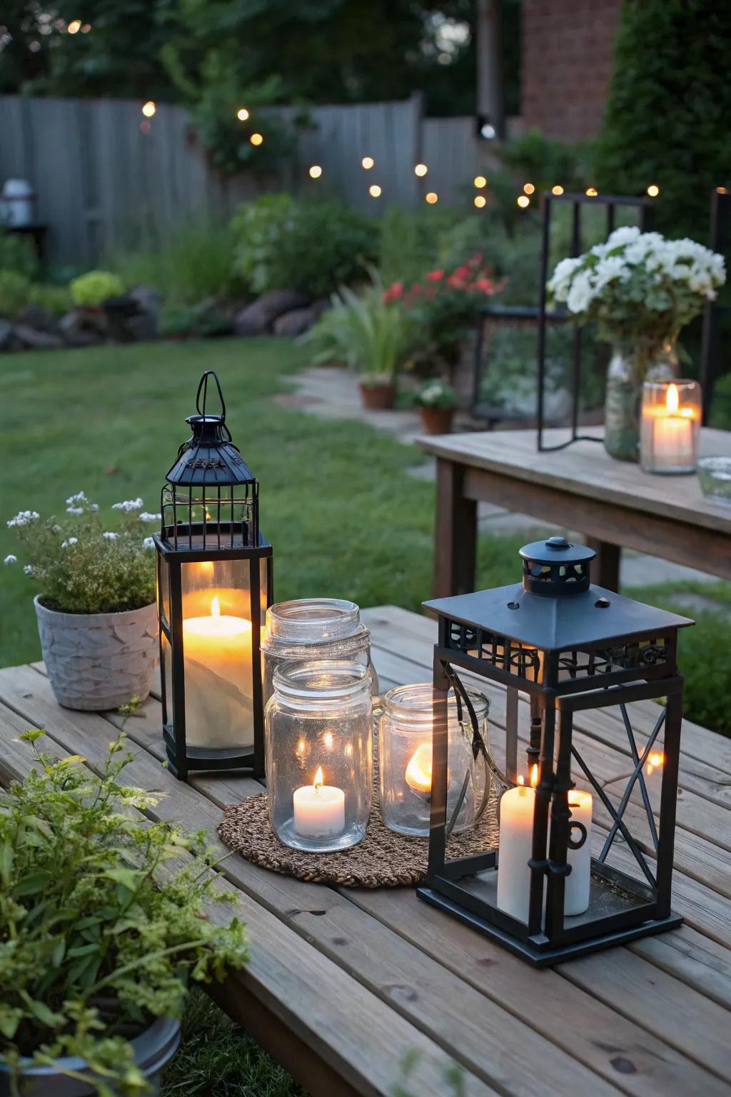 Votive candles in lanterns establish an attractive outdoor ambiance.