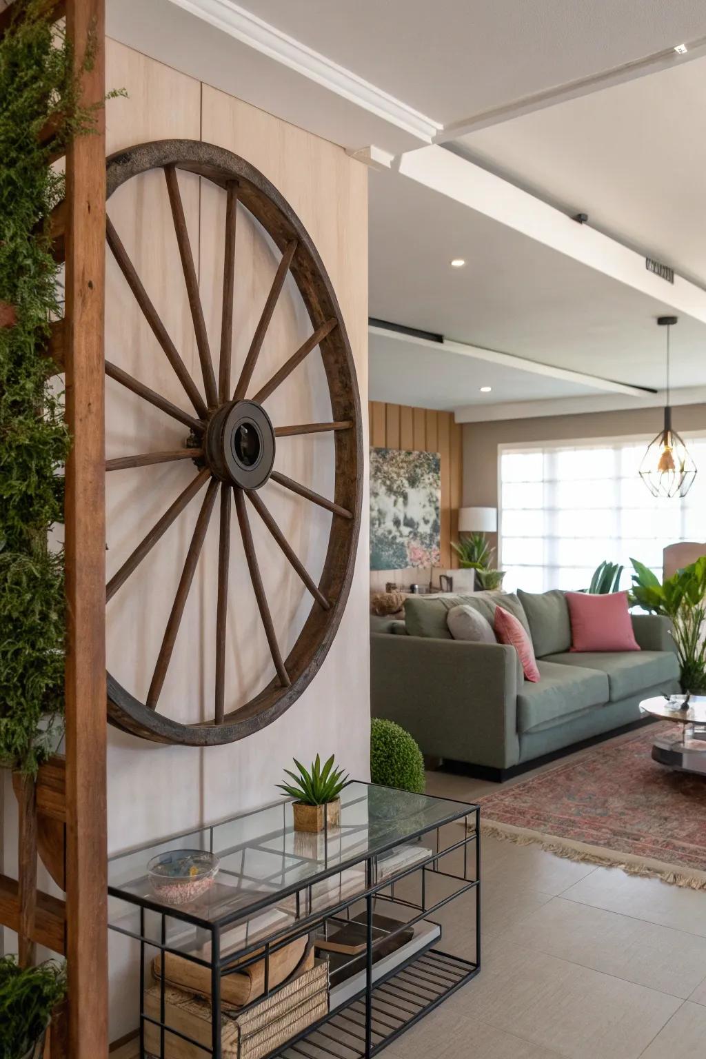 A cartwheel creatively serving as an area partition, contributing interest to the space.
