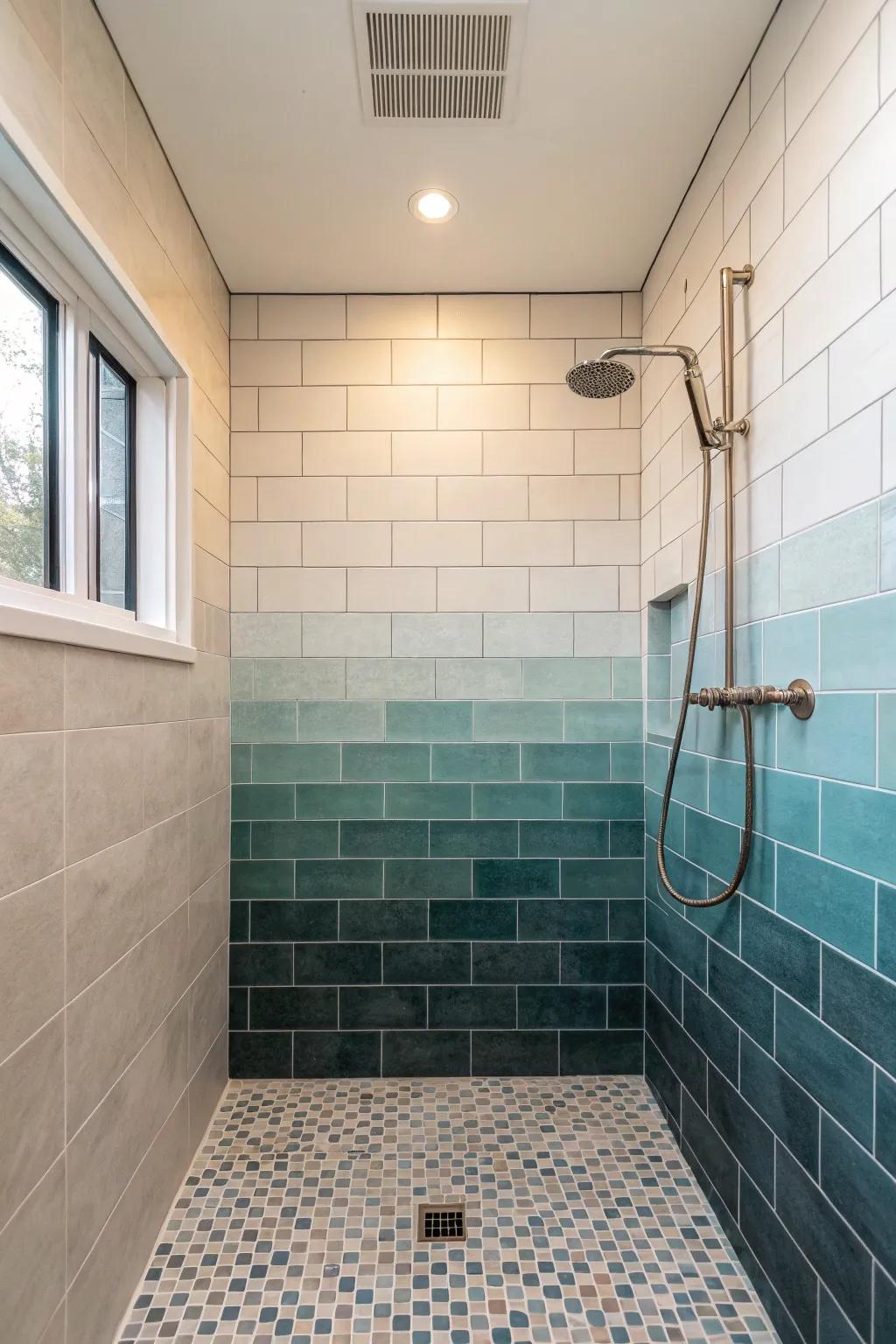 Shower with gradient tiles and a minimalist design.