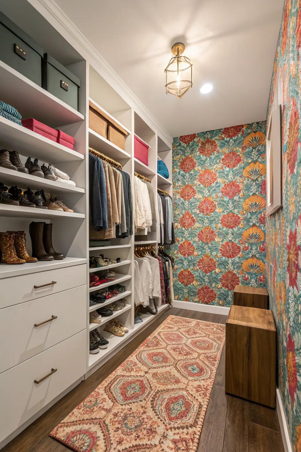 Patterned wallpaper and rugs adding depth and character to the closet space.
