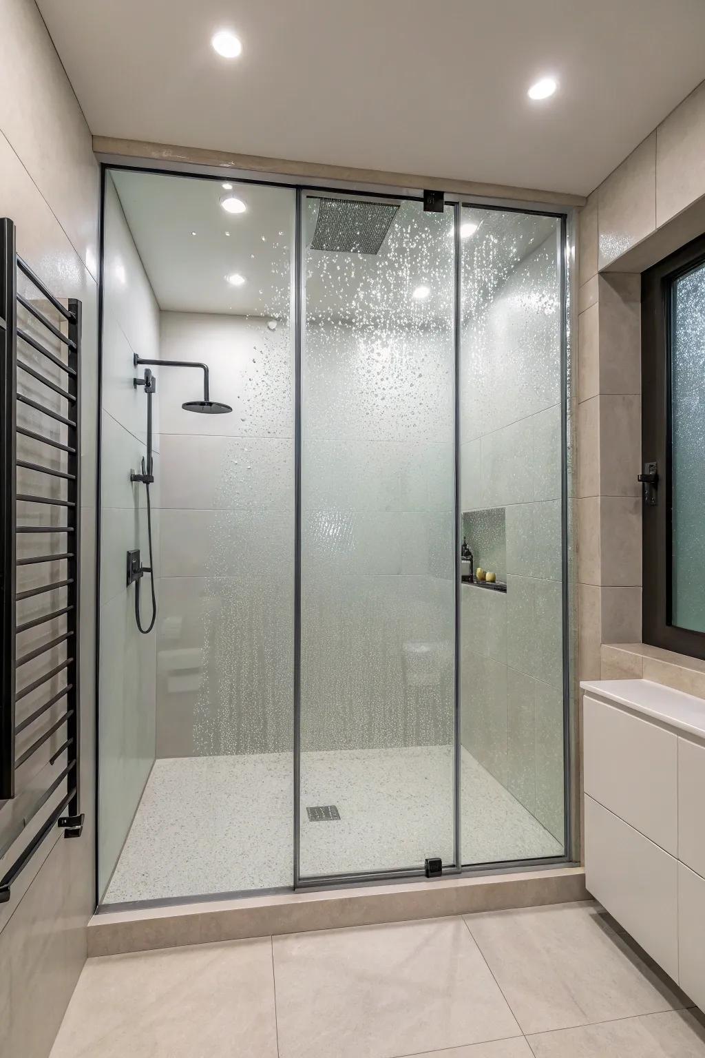 Frosted glass ensures privacy while maintaining an elegant design.
