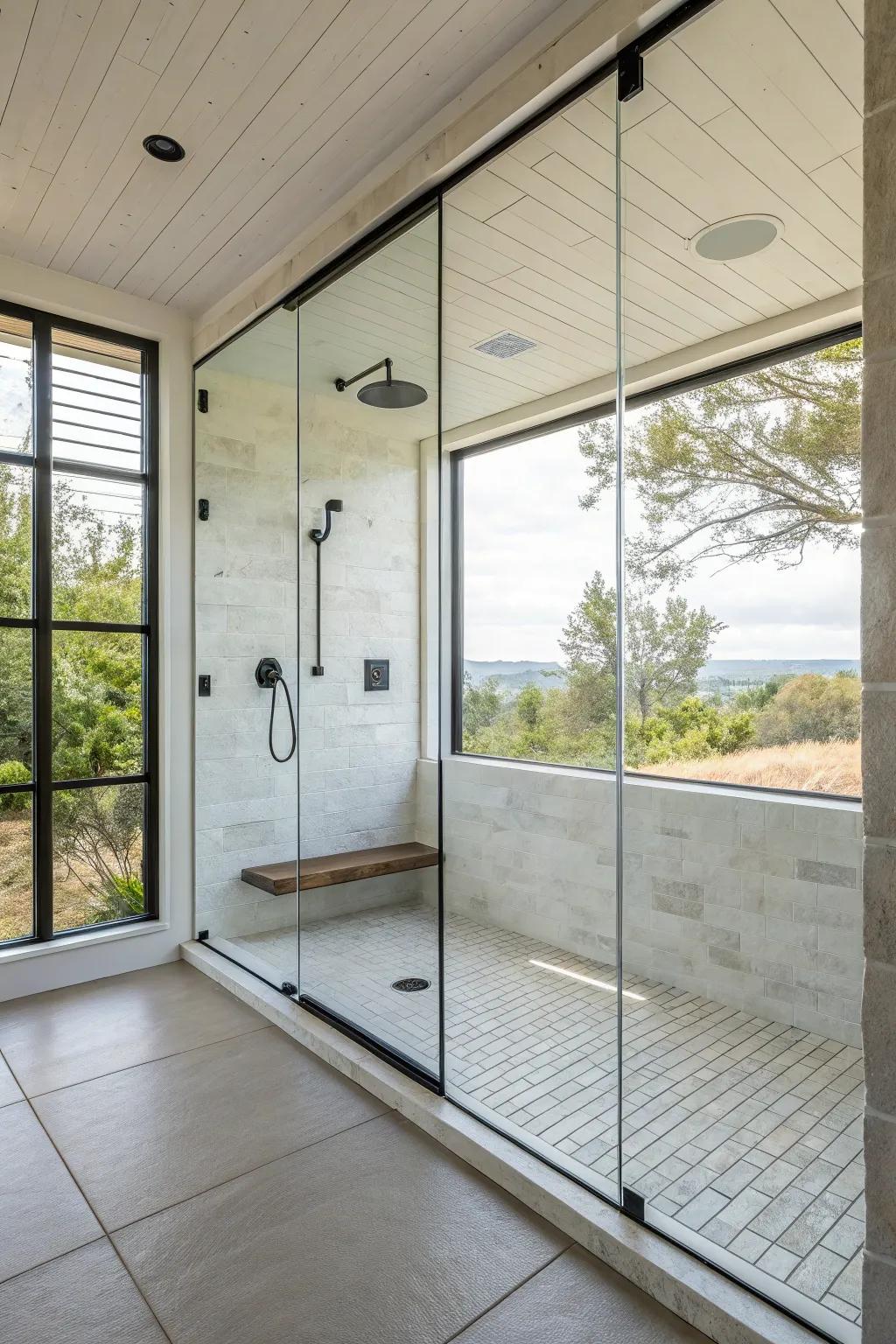 Seamless glass windows in a walk-in shower, amplifying the minimalist aesthetic.