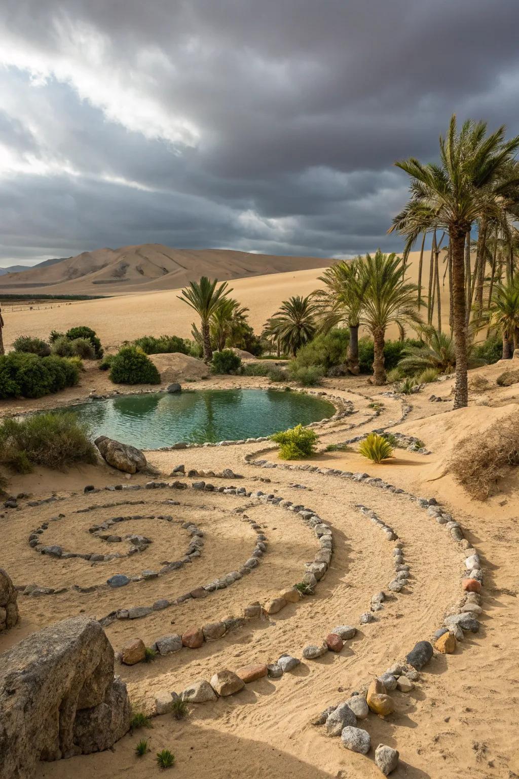 A granule and rock labyrinth delivers a tranquil desert retreat sensation.