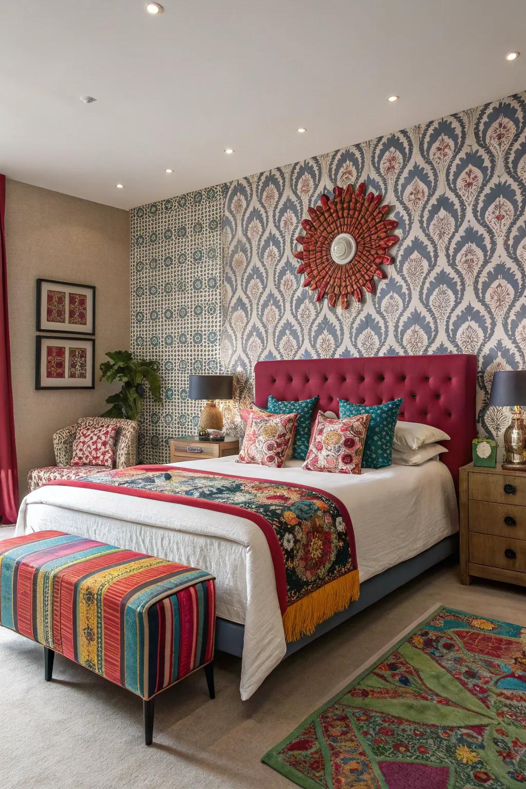 Patterned wall covering creates a striking impression.