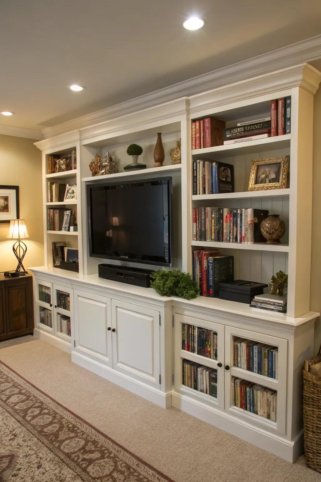 Framing your TV with shelves makes it a fashionable central point.