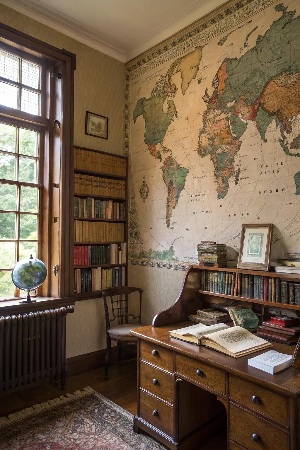 Charm and a sense of adventure are brought to walls by vintage maps.