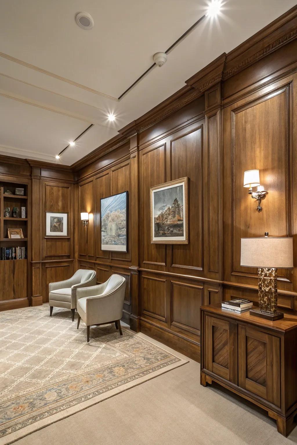 Wooden wainscoting for depth and elegance.
