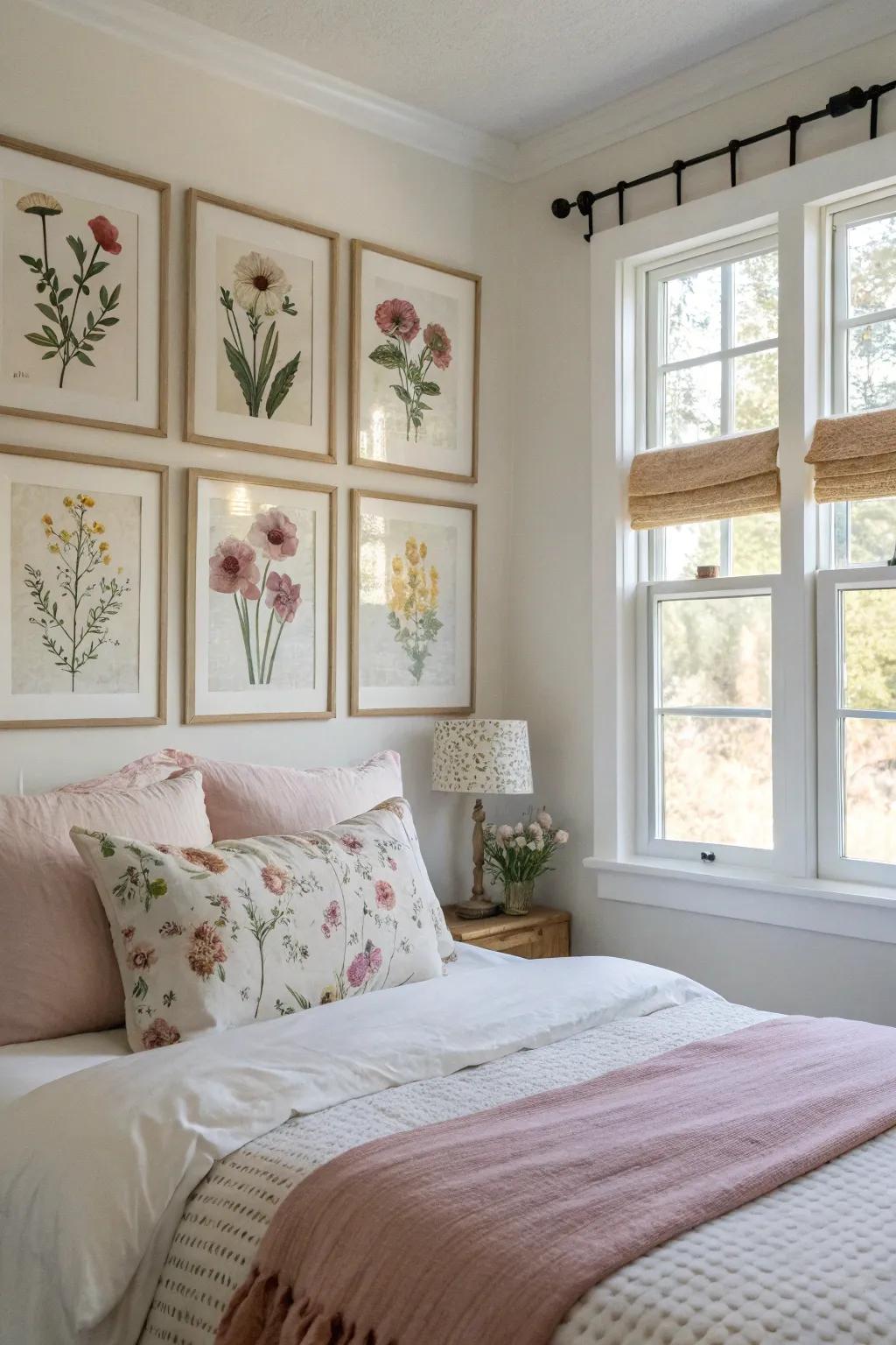 Pressed flower art introduces subtle elegance.