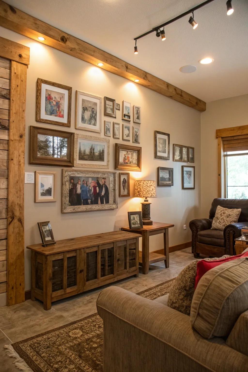 Farmhouse wood frames adding warmth to a wall of fame.