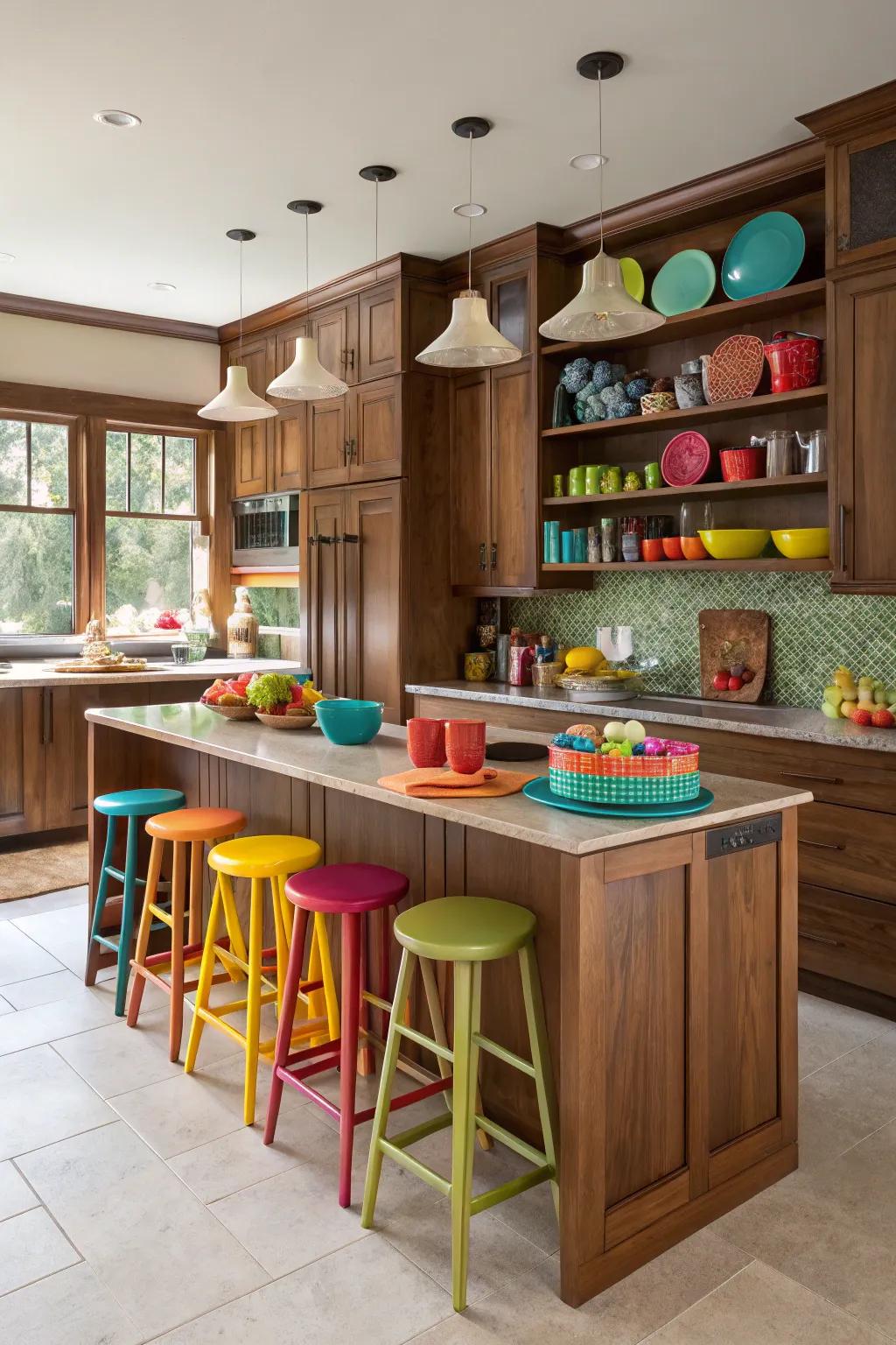 Colorful accents bring vibrancy to a walnut cooking area.