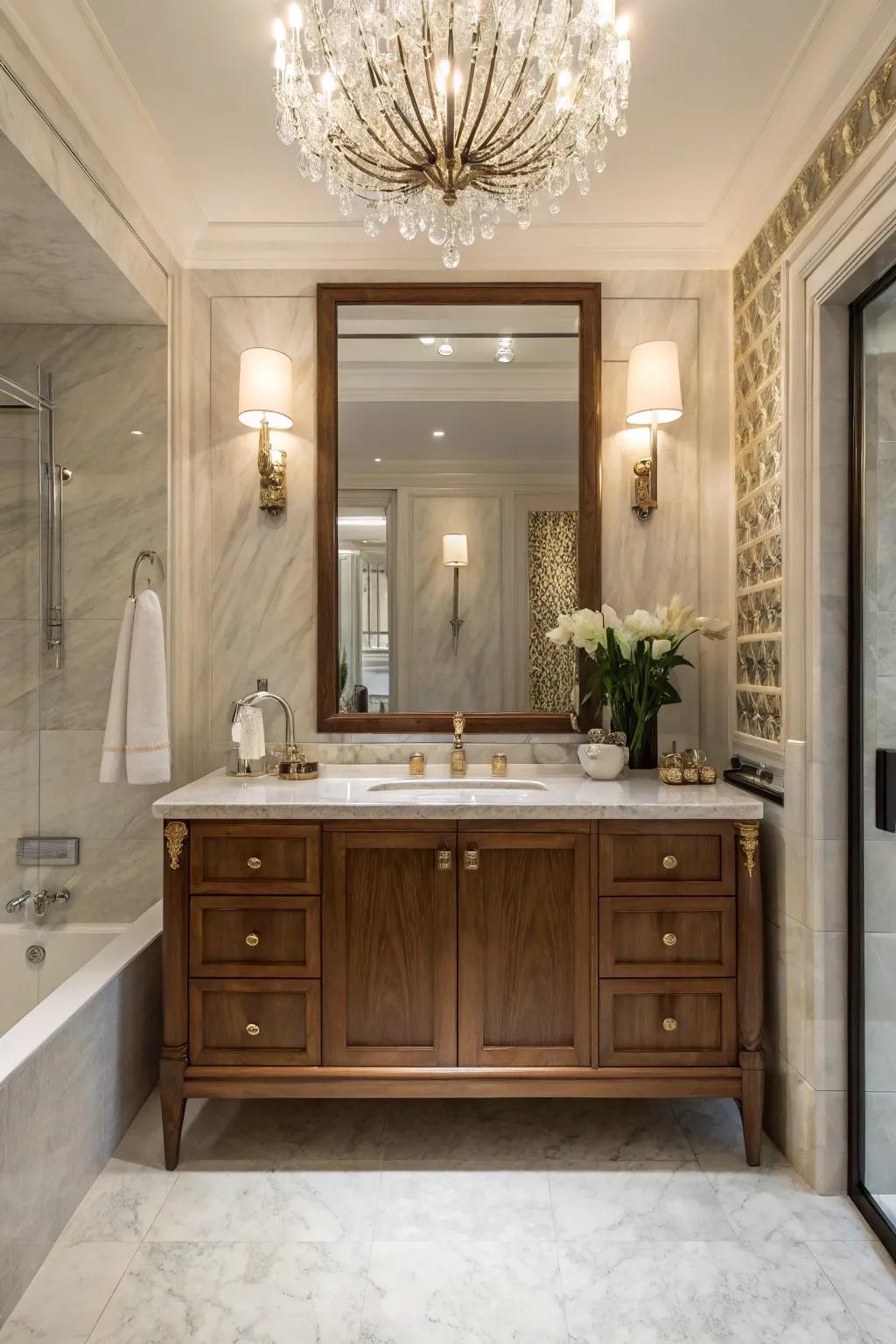 Create a daring impression with a freestanding pecan vanity.