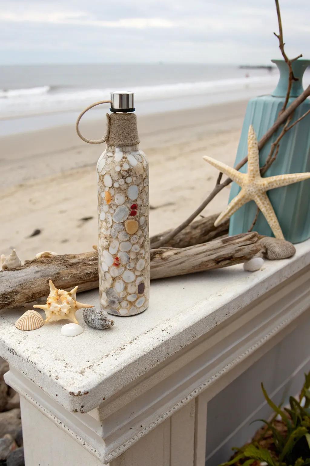 A drinking bottle embellished with seashells to convey a seaside ambiance.