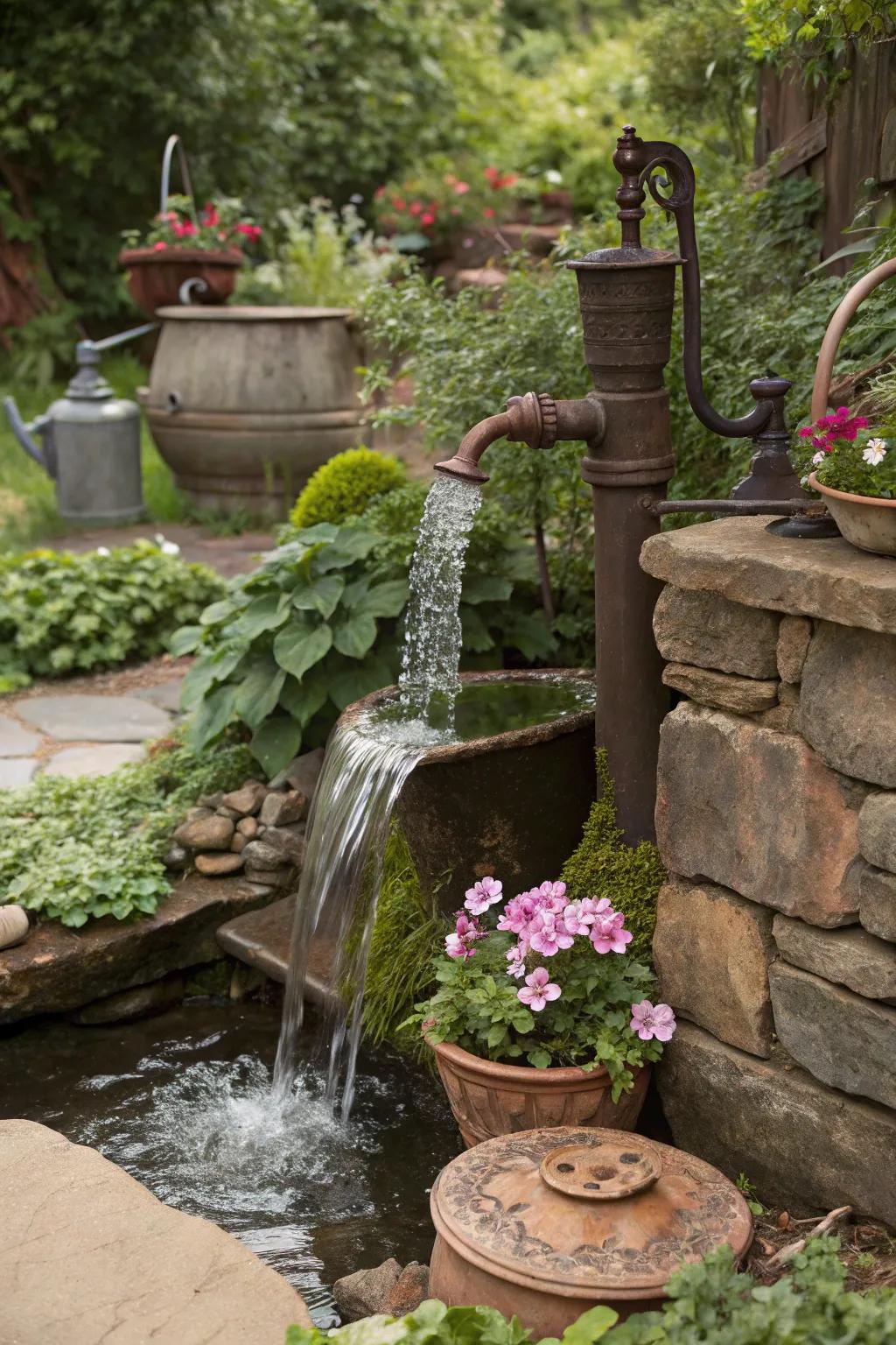 A vintage spout waterfall contributes historical charm to your garden.