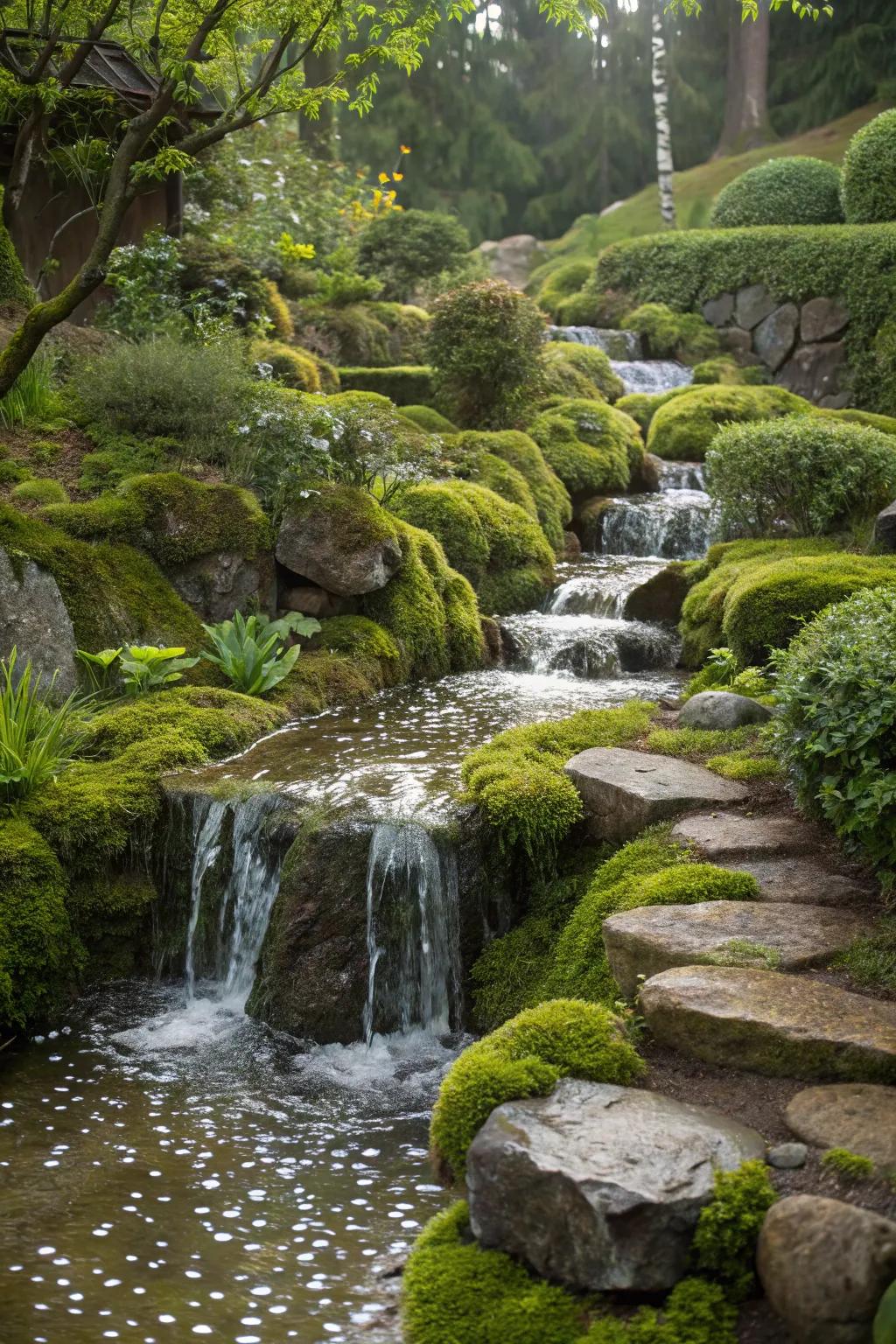 A mystical garden waterfall features mossy stones to create a forest-like atmosphere.