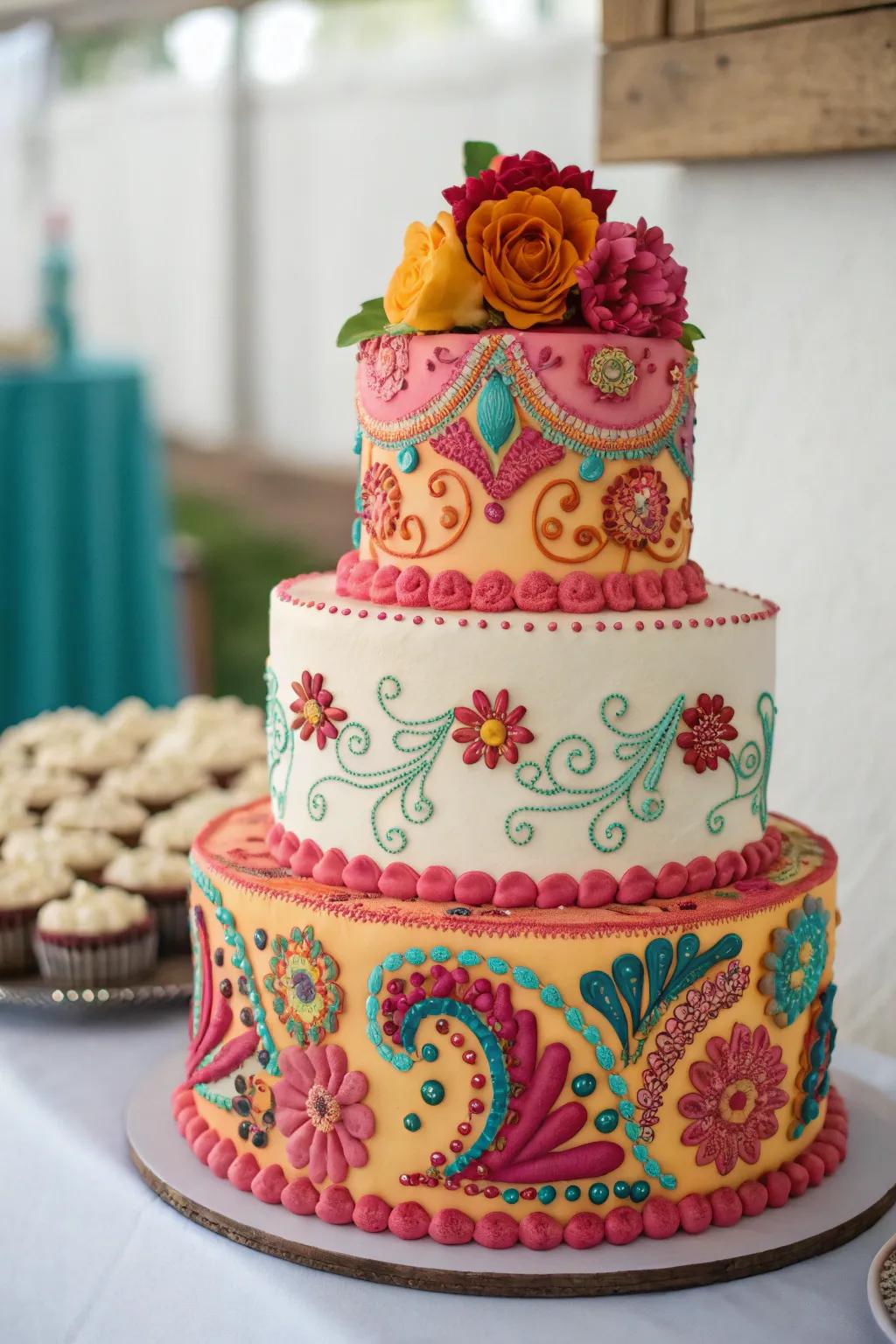 A wedding cake featuring vibrant, maximalist colors for a joyful centerpiece.