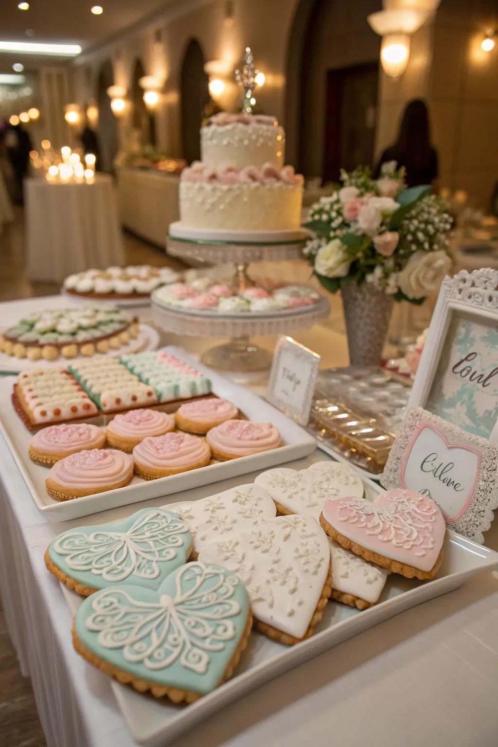 A themed cookie table display aligns with the wedding's overall aesthetic.