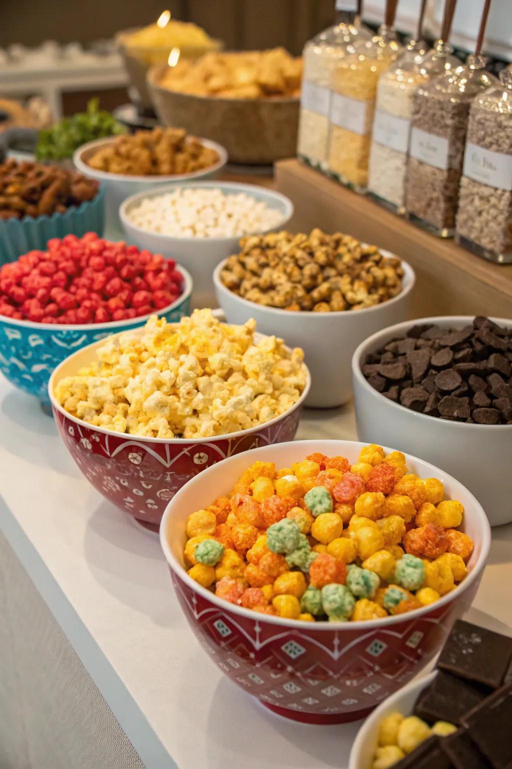 A lux pop kernel bar offering a savory twist to your dessert table.