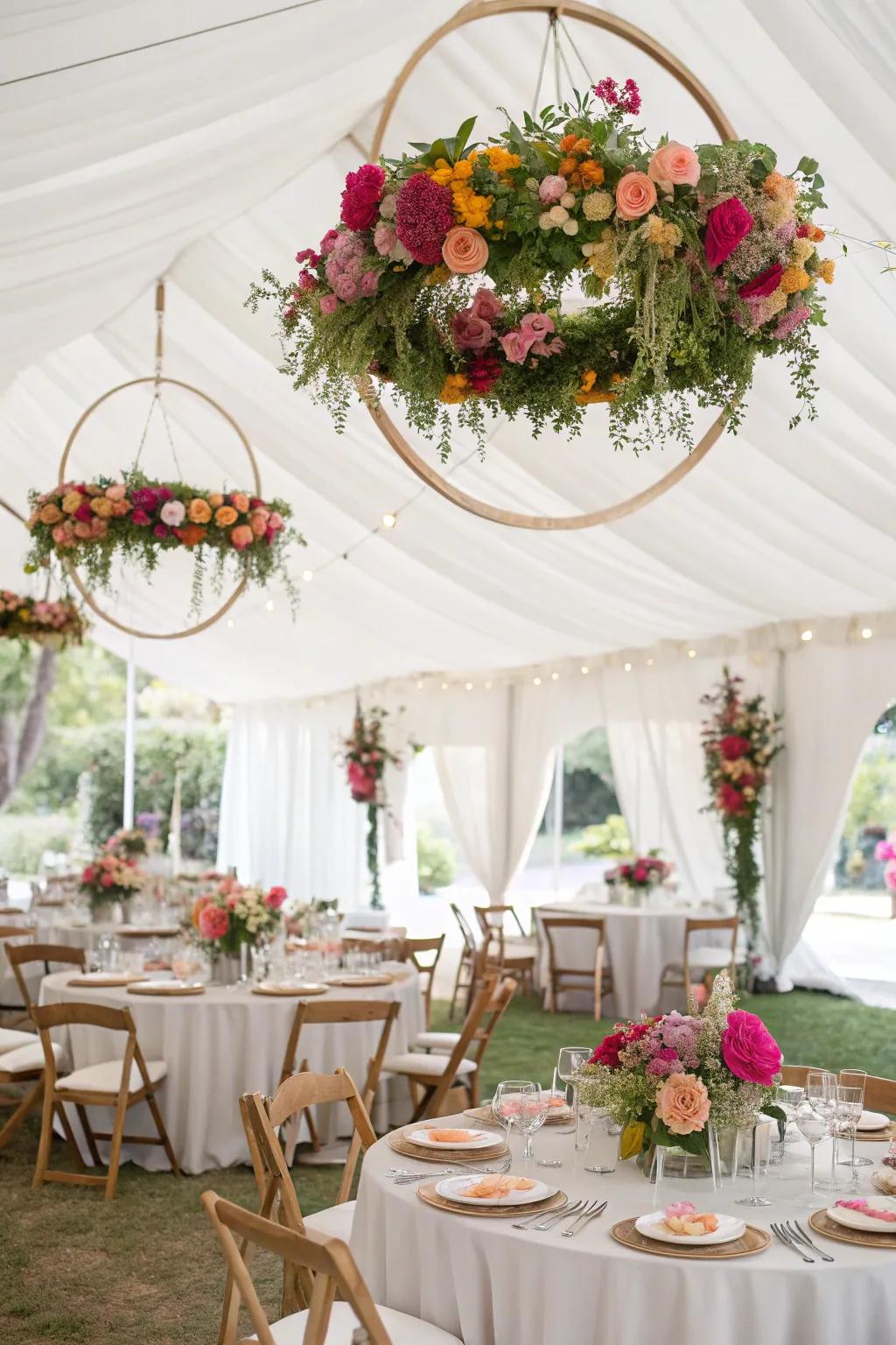 Floral rings create stunning focal points overhead.
