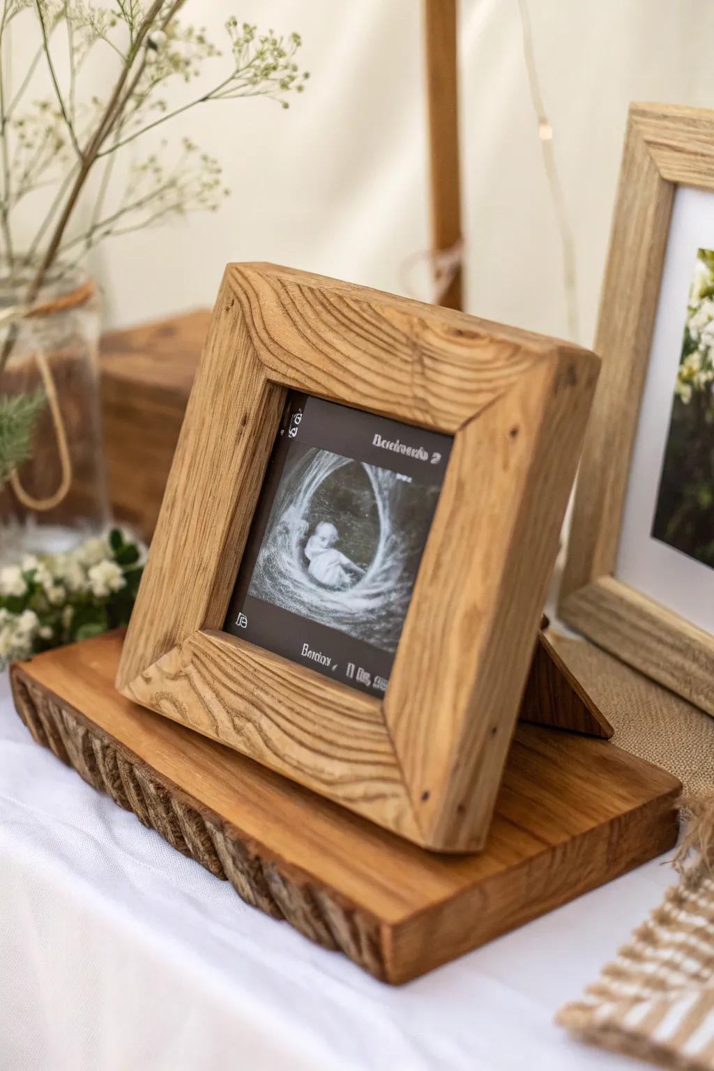 A rustic frame adds elegance to your announcement.