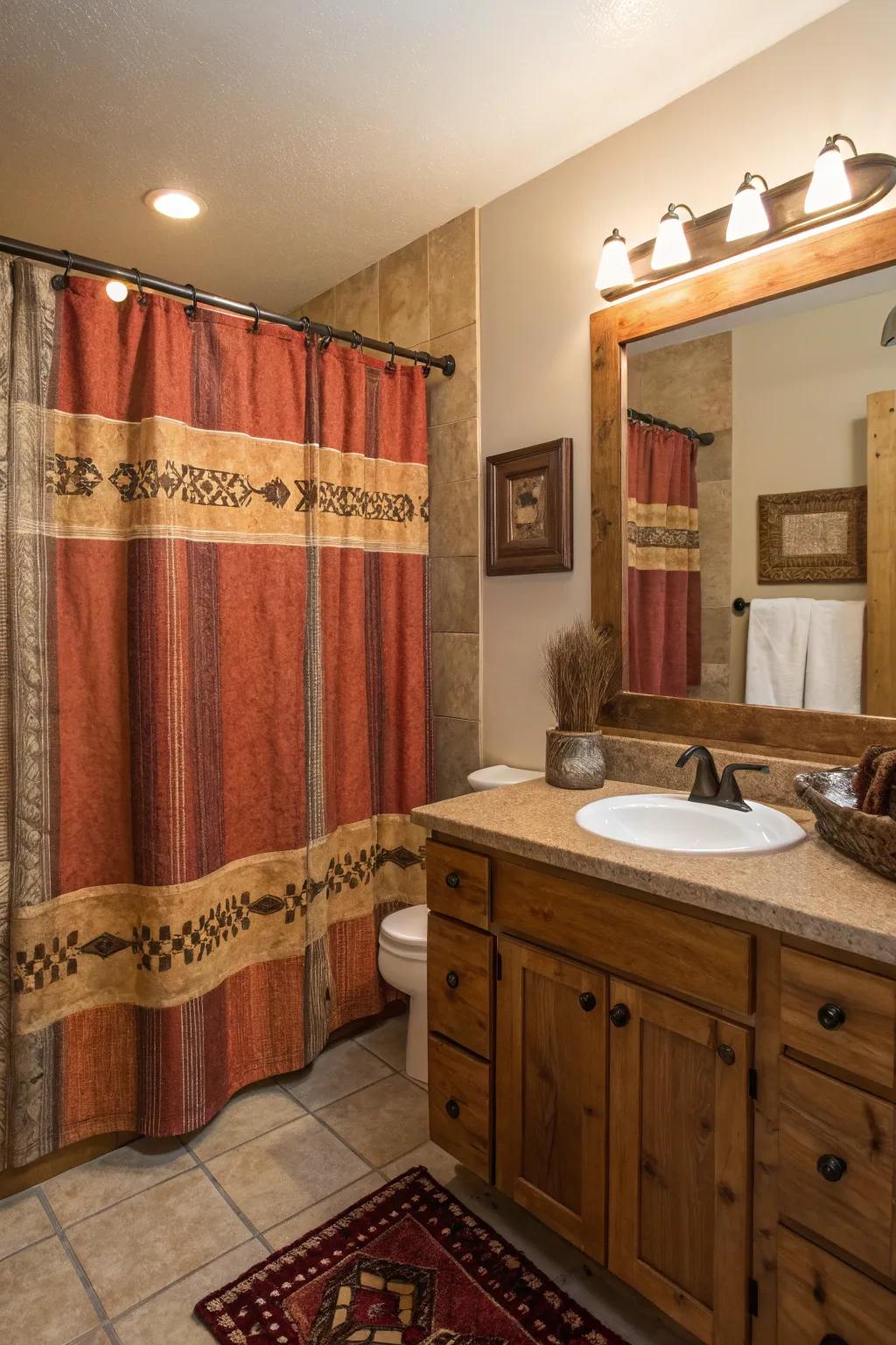 A striking shower curtain sets the tone in this Western-themed bathroom.