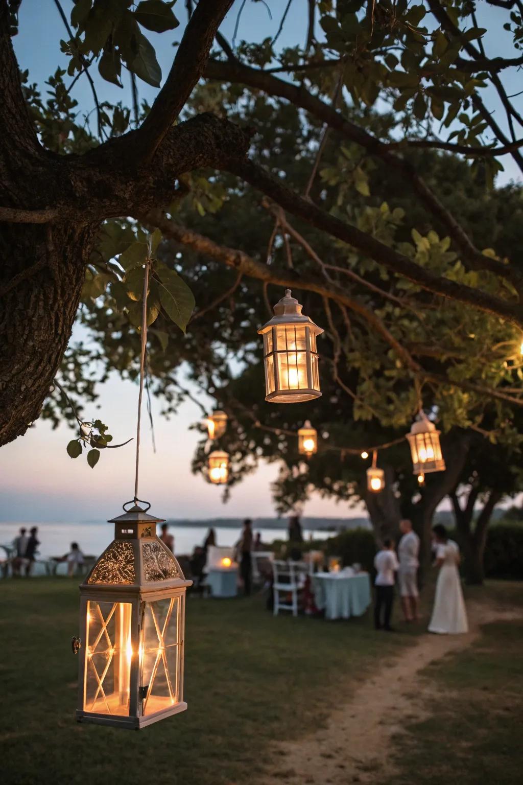 Period lanterns cast a warm, welcoming glow.