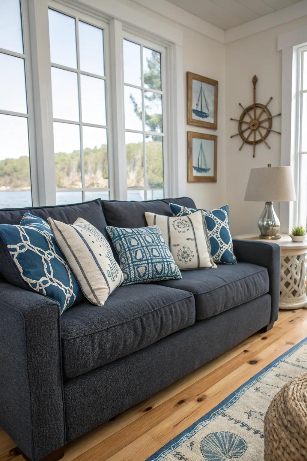 Azure and ivory cushions evoke coastal serenity on a dark grey sofa.