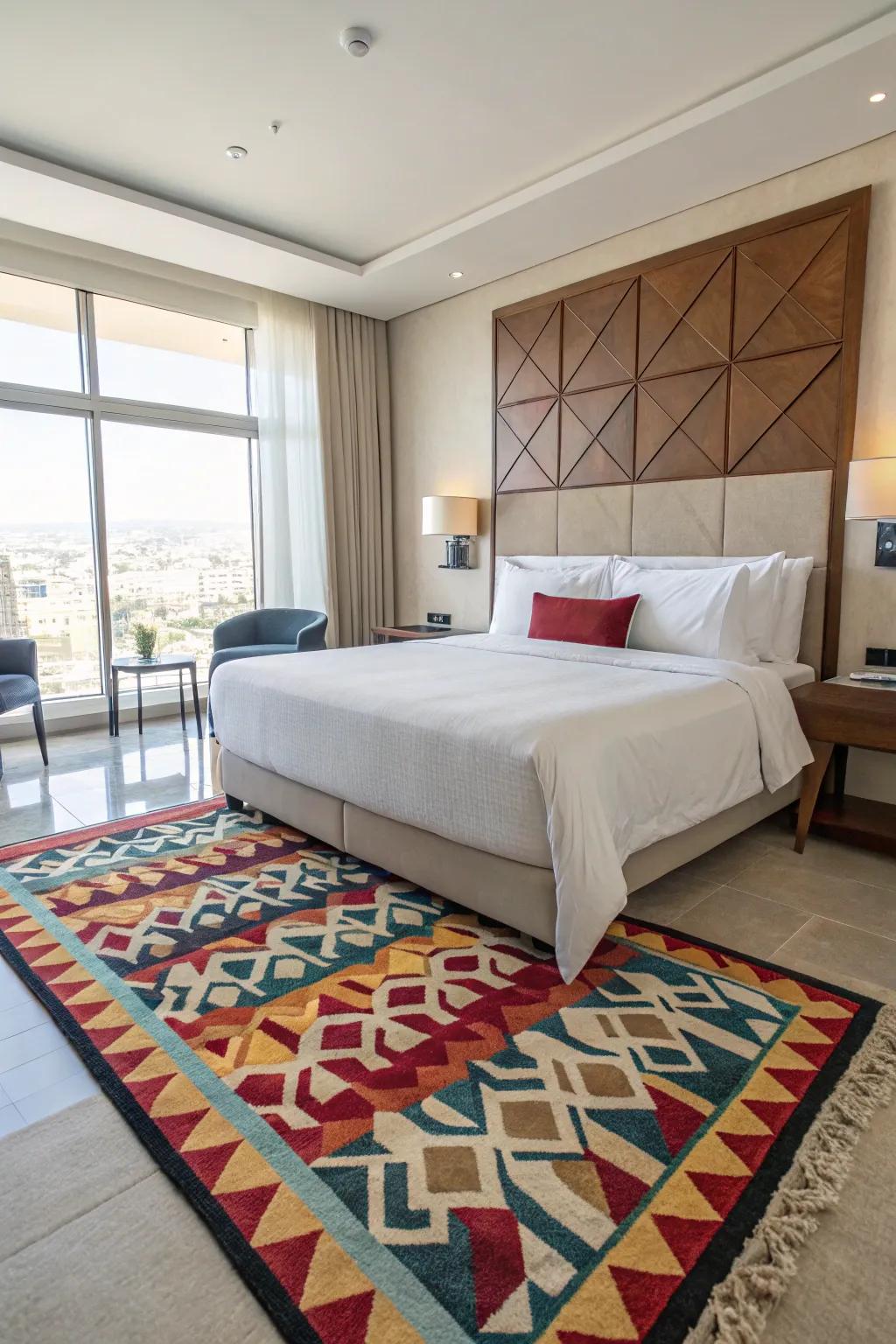 Patterned rugs infuse contemporary flair and modernity into the bedroom design.