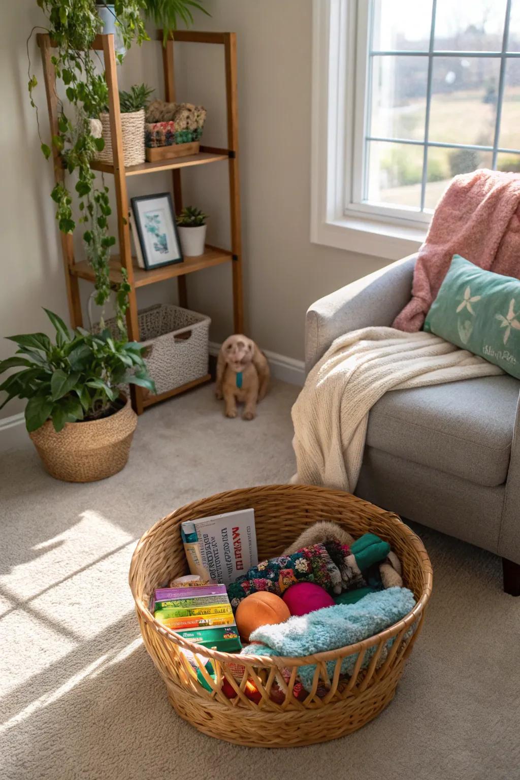 A basket for pet items keeps your bedroom orderly and pet-friendly.