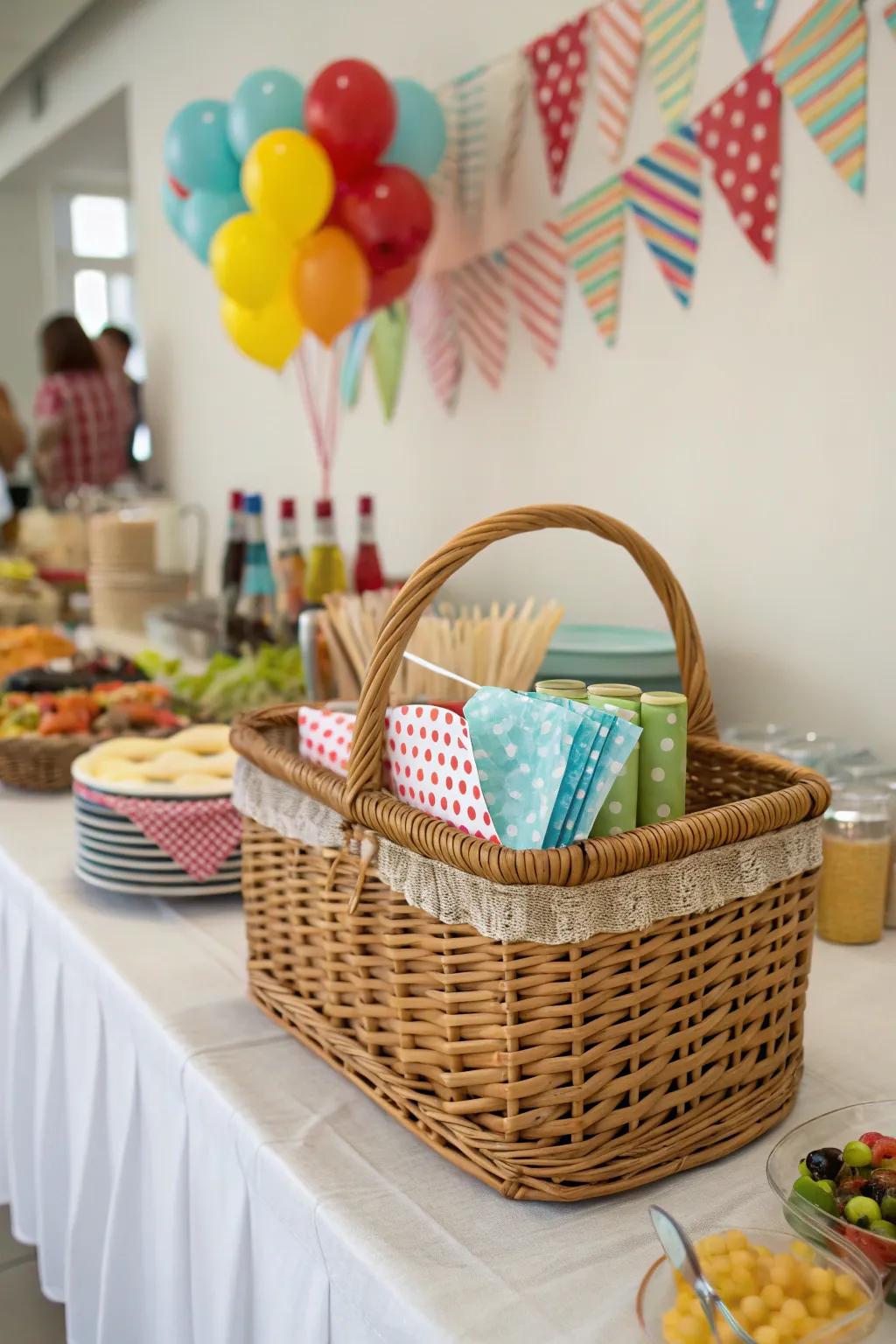A party basket keeps essentials coordinated and available during gatherings.