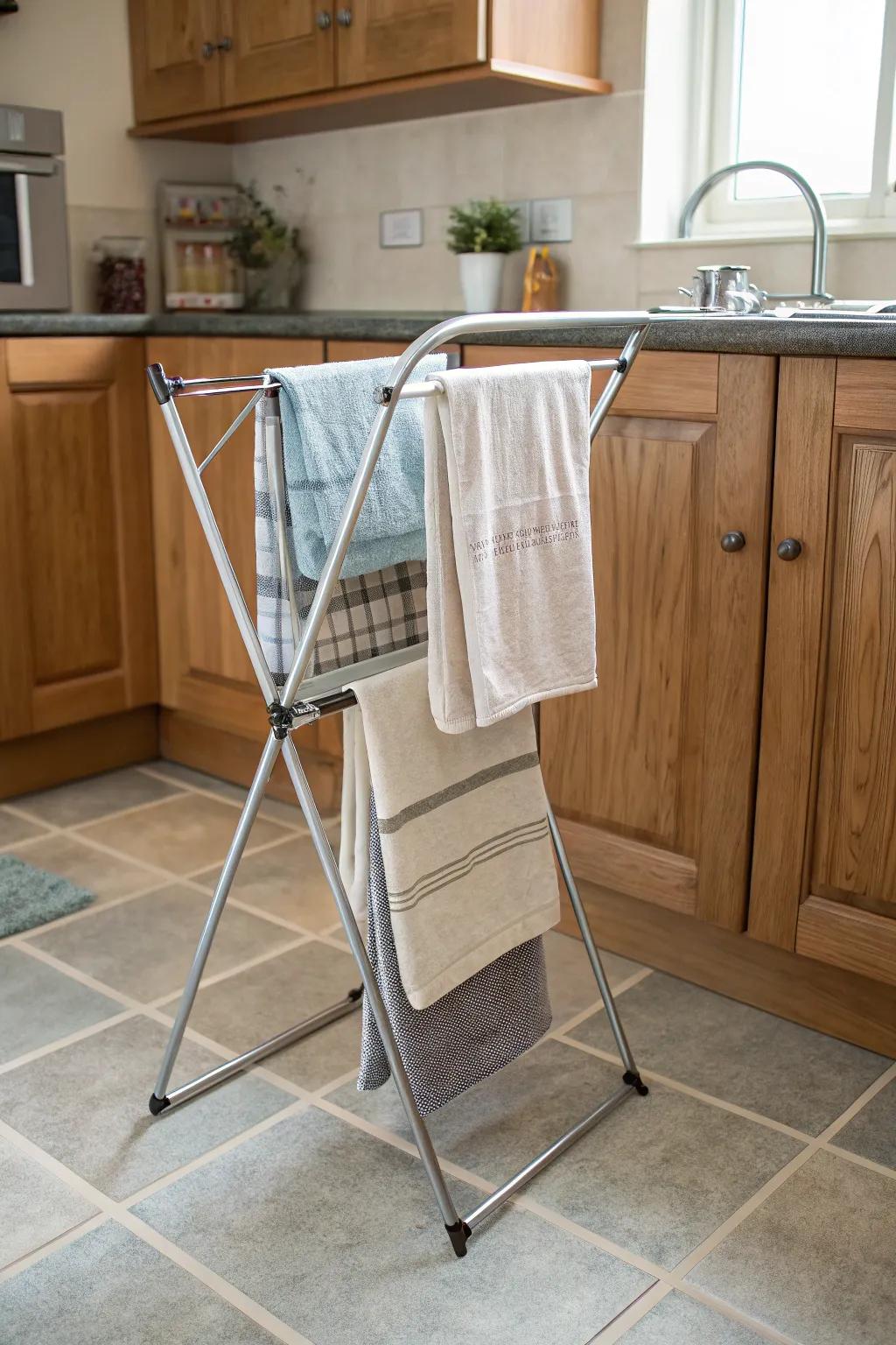 Opt for a foldable stand to delight in adaptable and movable linen storage.