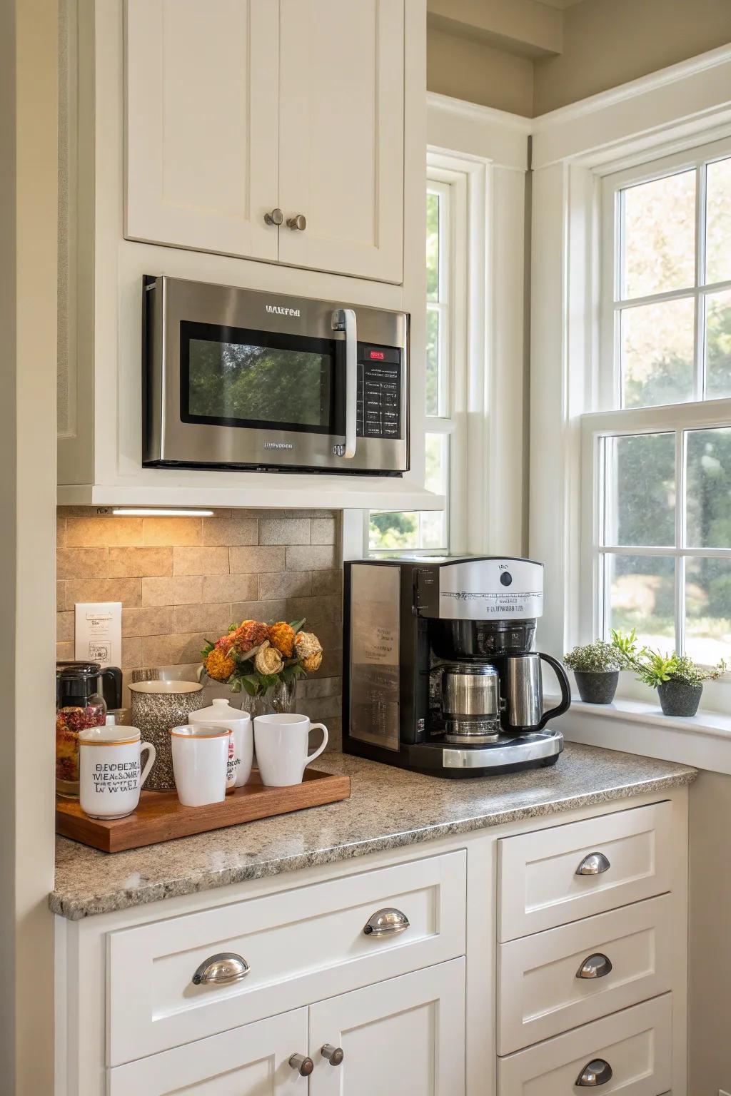 A microwave strategically placed above a dedicated coffee point.