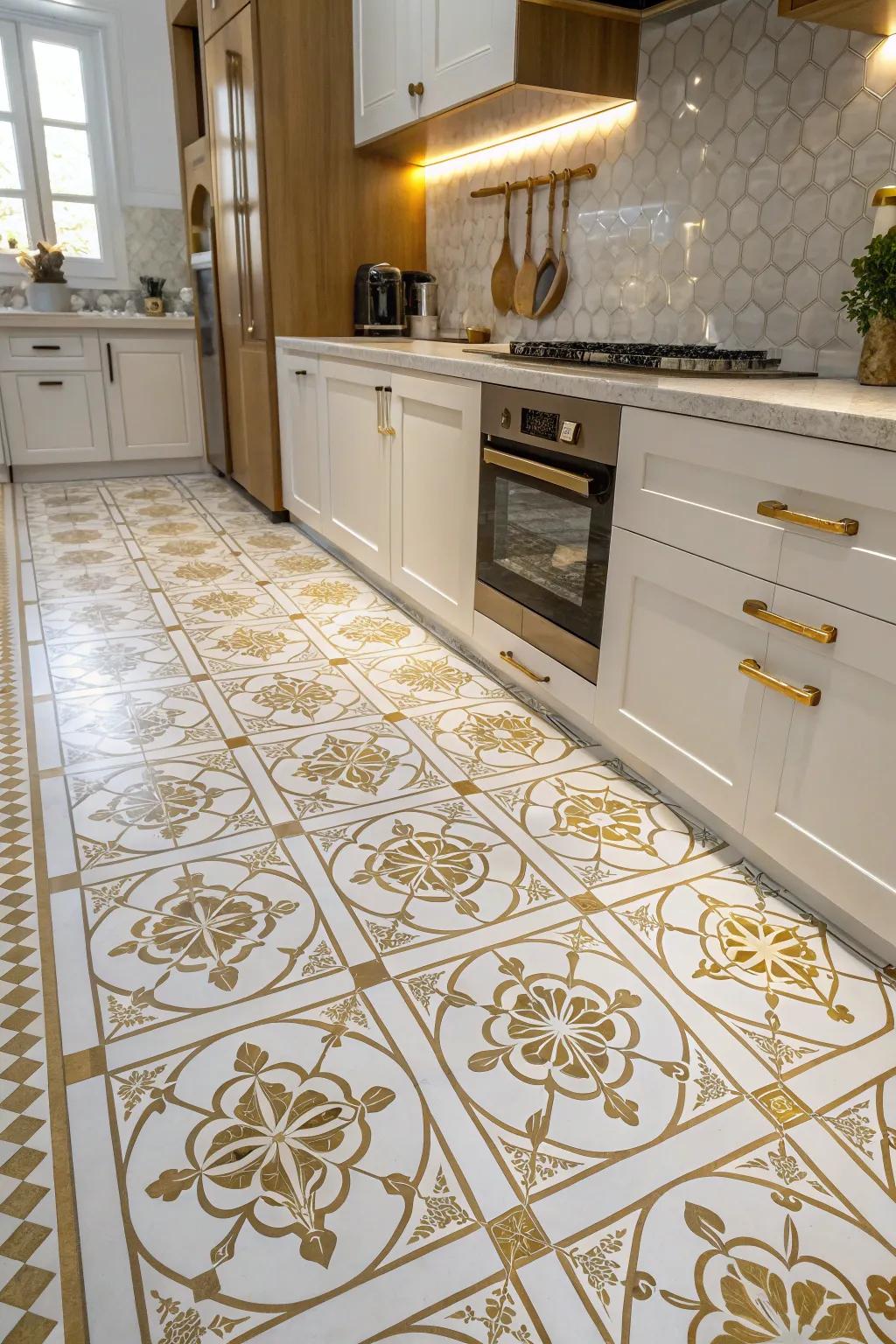 Ivory and gilded floor tiles contribute a harmonious touch to your kitchen.