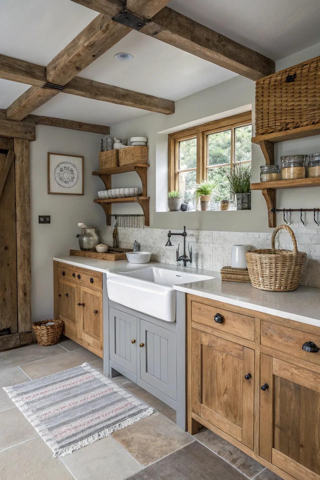 Timber components infuse country charm into the cooking space.