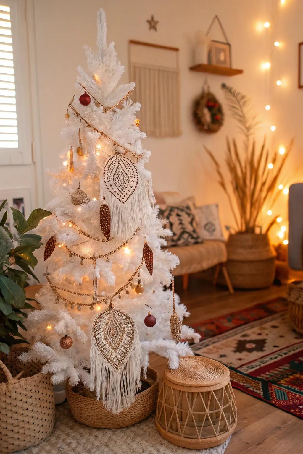 Chic bohemian tree featuring macramé and feather accents.