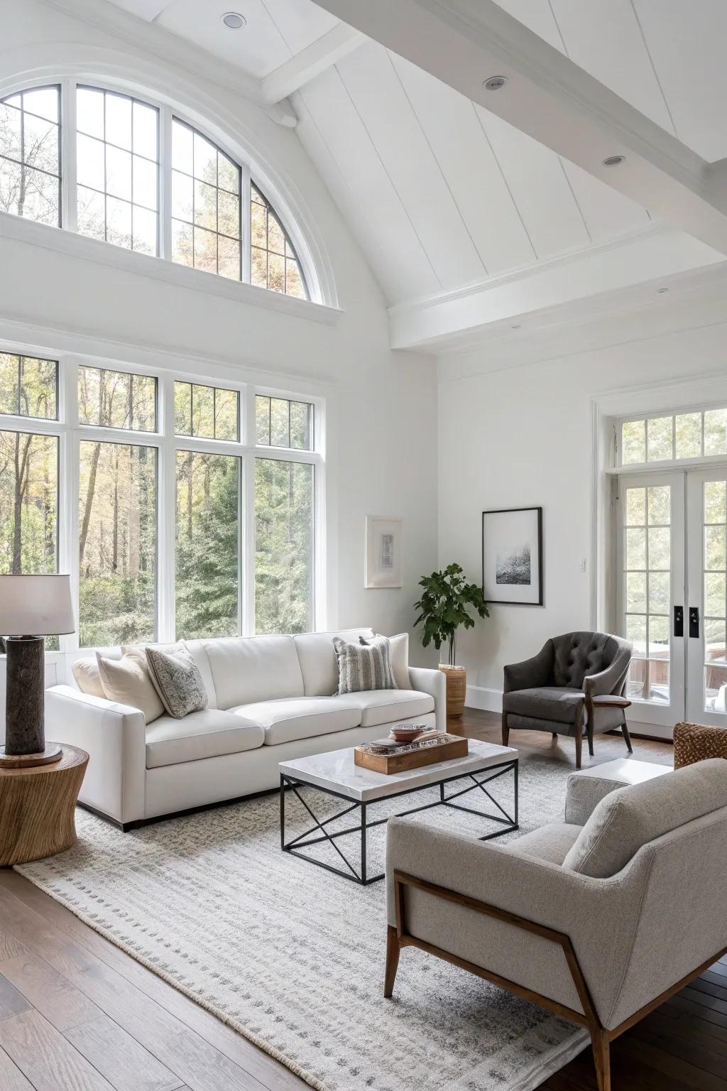 Asymmetrical layouts introduce interest to a white room.