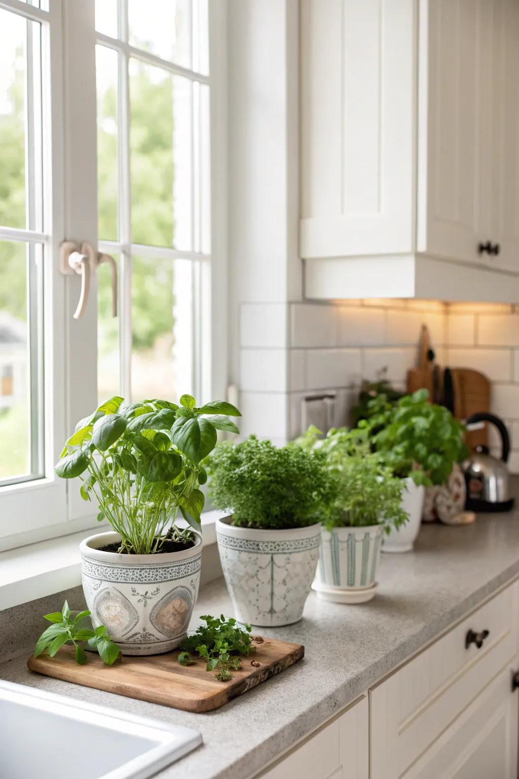 The addition of greenery brings a revitalizing and vibrant element into the kitchen.