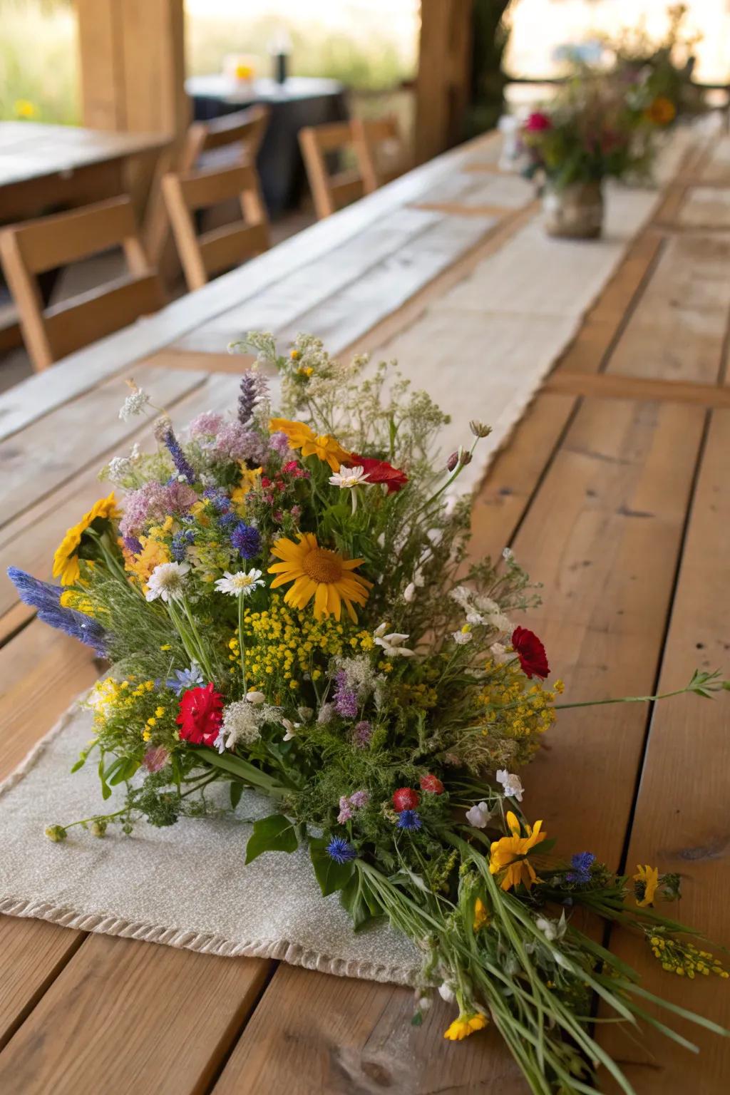 A surface runner fashioned from wildflowers generates an impressive visual result.