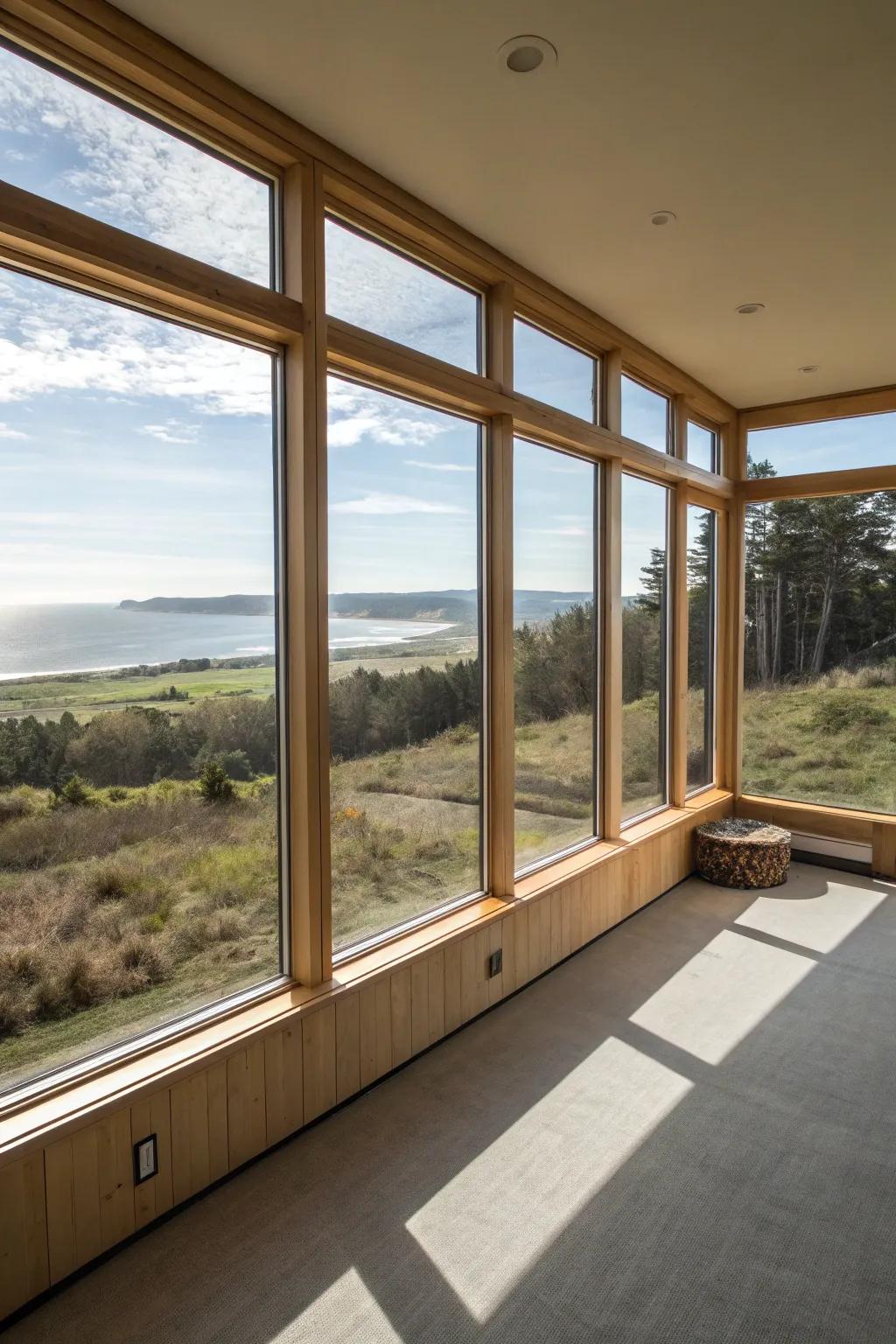 Encompassing corner windows offer panoramic outdoor views.