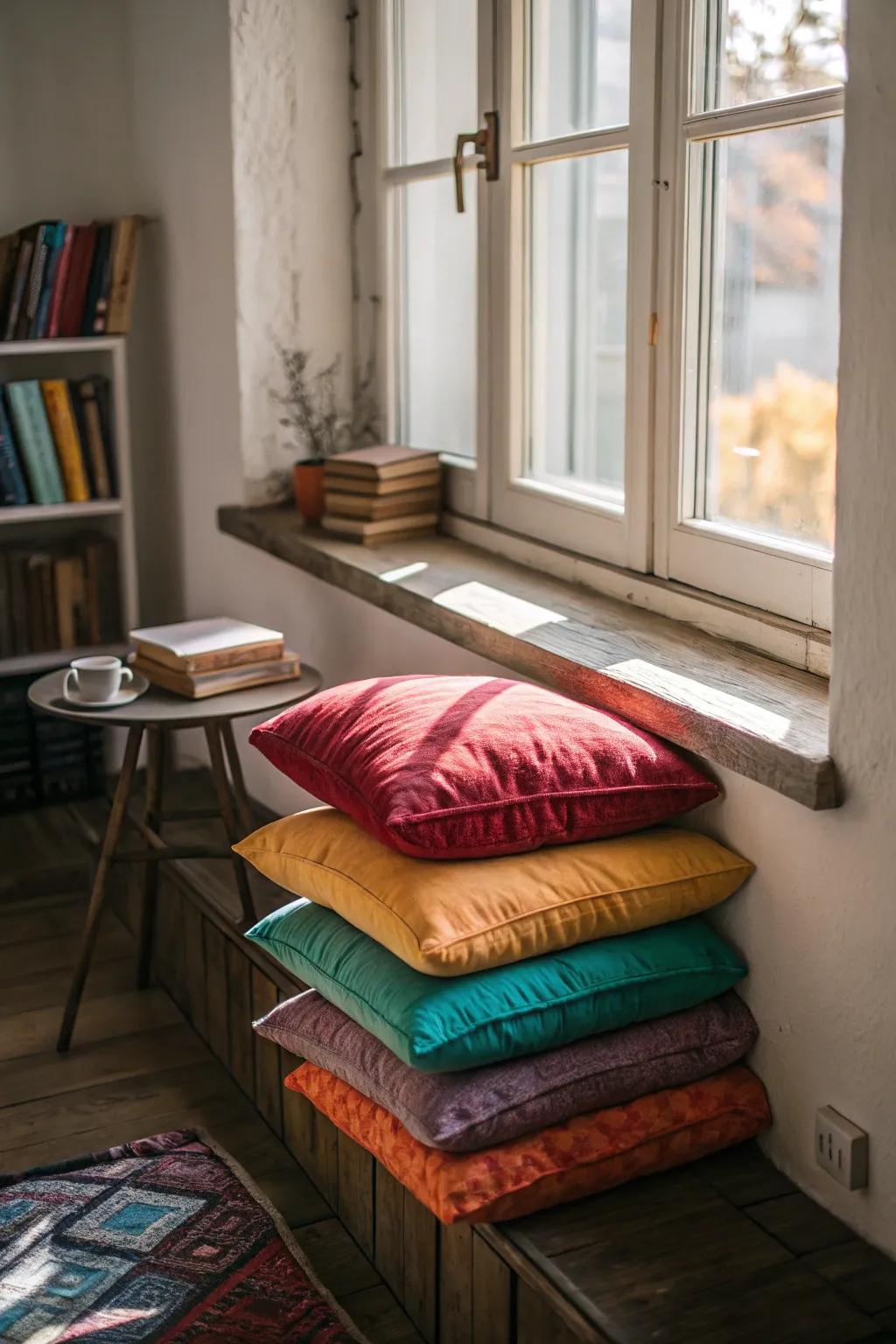A window nook with floor cushions that offer flexible seating.