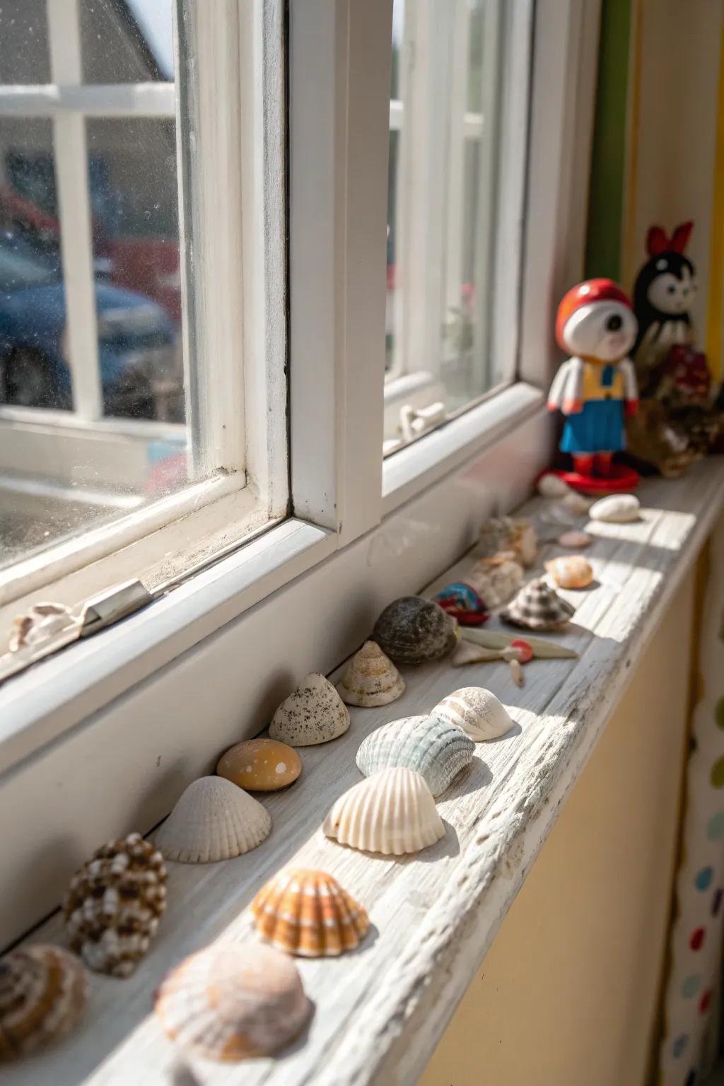 A personal collection showcasing seashells and figurines across a window sill.